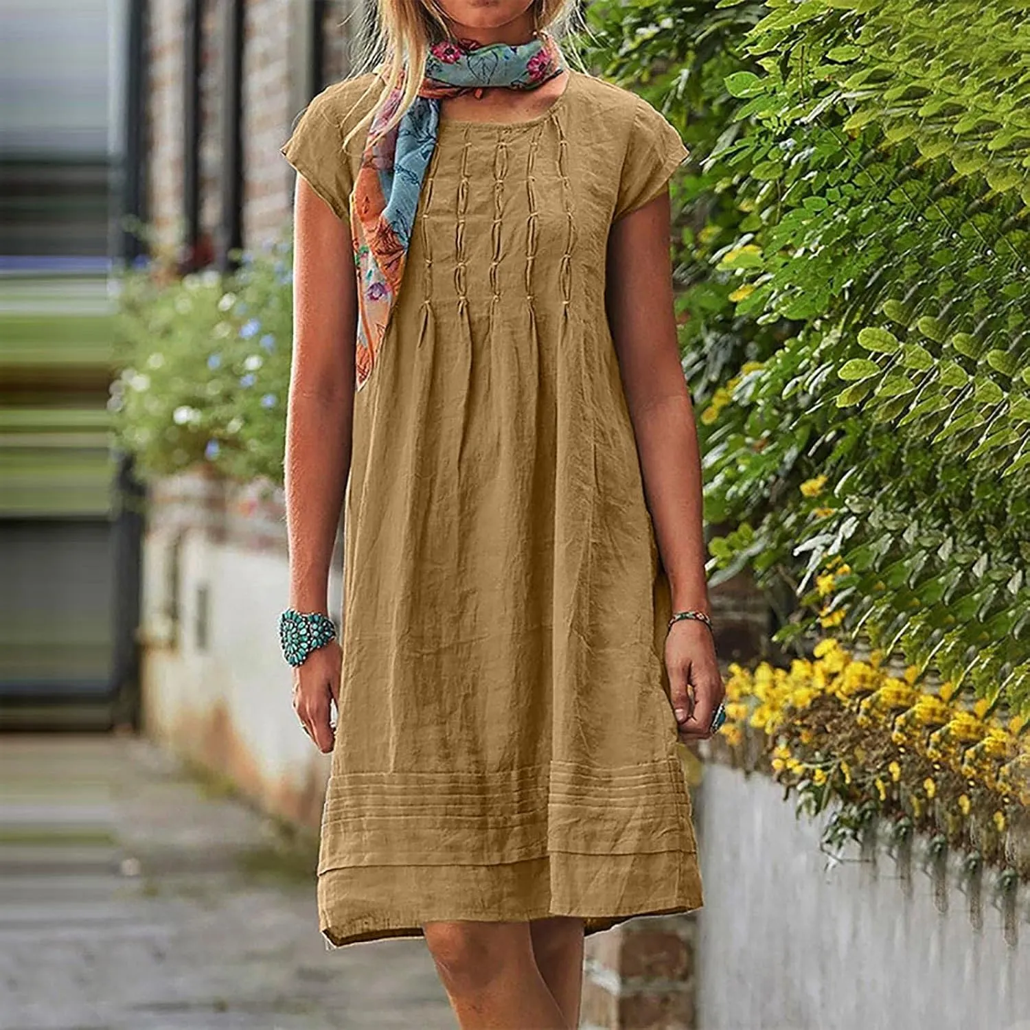 Summer Midi Dresses for Women 2025 Short Sleeve Pleated Sundress Beach Trendy Casual Cotton Linen Solid Dresses