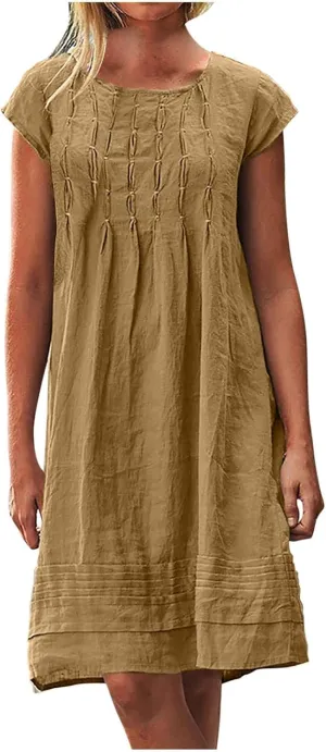 Summer Midi Dresses for Women 2025 Short Sleeve Pleated Sundress Beach Trendy Casual Cotton Linen Solid Dresses