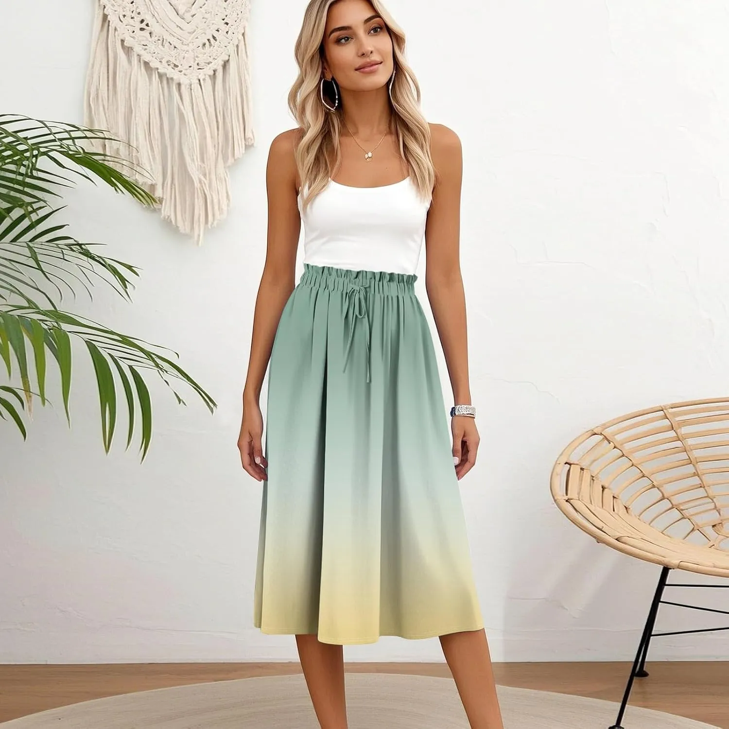 Summer Midi Skirts for Women 2025 Drawstring Elastic Waist Calf Length Skirts Pleated A-Line Polka Dots Boho Skirt