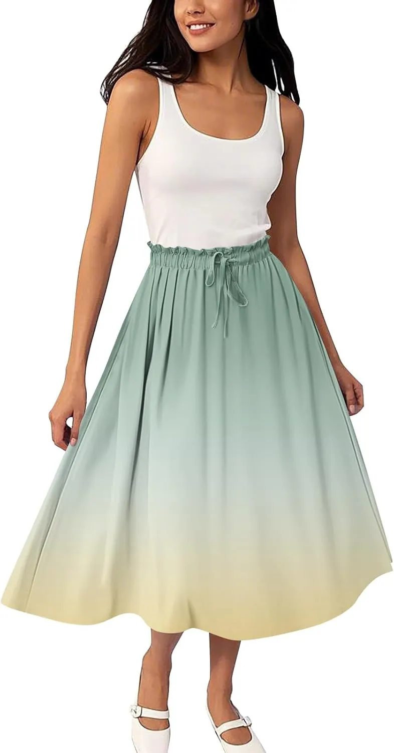 Summer Midi Skirts for Women 2025 Drawstring Elastic Waist Calf Length Skirts Pleated A-Line Polka Dots Boho Skirt