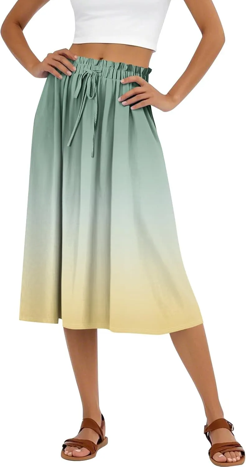 Summer Midi Skirts for Women 2025 Drawstring Elastic Waist Calf Length Skirts Pleated A-Line Polka Dots Boho Skirt