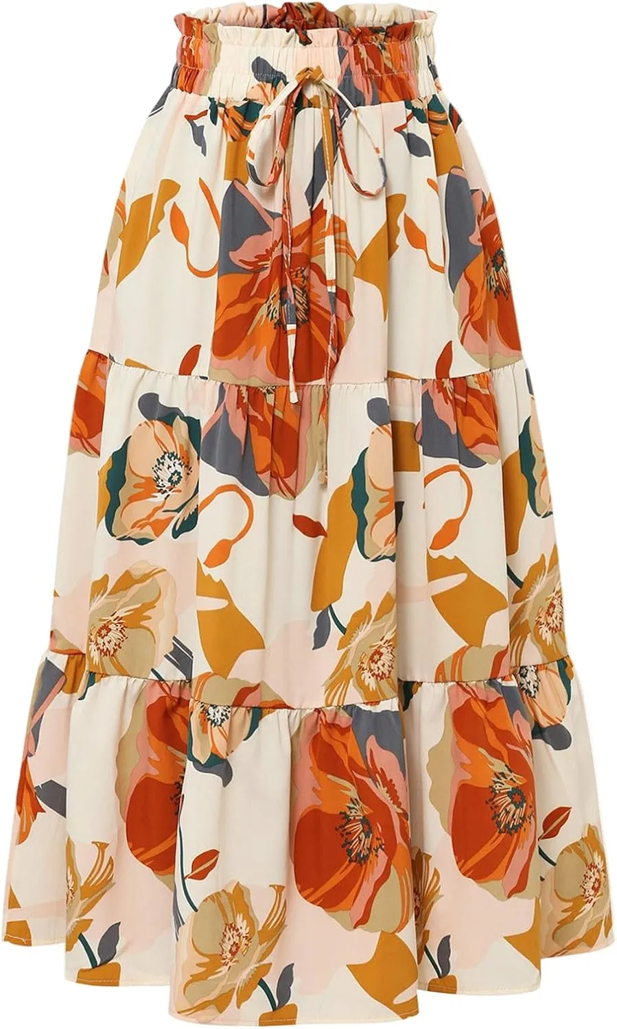 Summer Skirts for Women 2025 Vacation Boho Floral Tiered Maxi Skirt Drawstring High Waisted Flowy Ruffle A Line Skirt