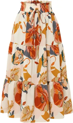 Summer Skirts for Women 2025 Vacation Boho Floral Tiered Maxi Skirt Drawstring High Waisted Flowy Ruffle A Line Skirt