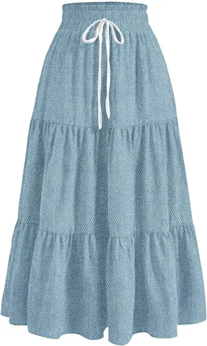 Summer Skirts for Women Midi Length Aline Ruffle Skirt Drawstring High Waisted Long Denim Skirts Casual Beach Outfits