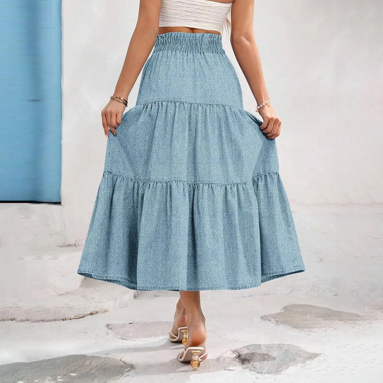 Summer Skirts for Women Midi Length Aline Ruffle Skirt Drawstring High Waisted Long Denim Skirts Casual Beach Outfits