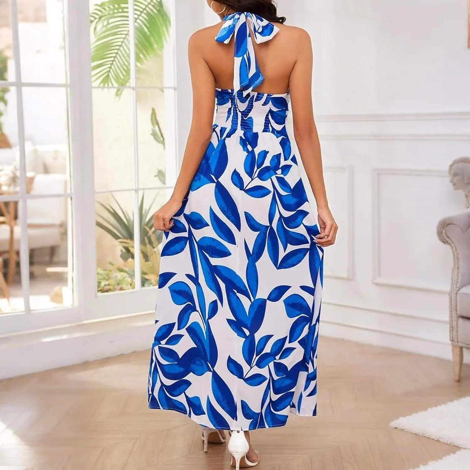 Sundresses for Women 2025 Summer Boho Floral Halter V Neck Wrap Maxi Dresses Sexy Flowy A Line Beach Vacation Dresses
