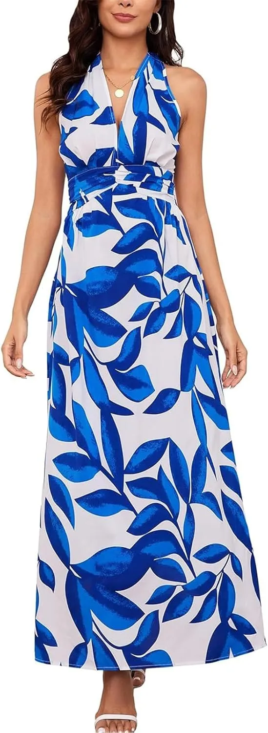 Sundresses for Women 2025 Summer Boho Floral Halter V Neck Wrap Maxi Dresses Sexy Flowy A Line Beach Vacation Dresses