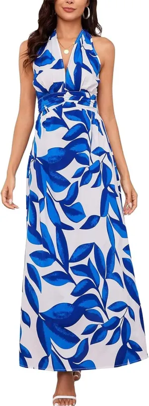 Sundresses for Women 2025 Summer Boho Floral Halter V Neck Wrap Maxi Dresses Sexy Flowy A Line Beach Vacation Dresses