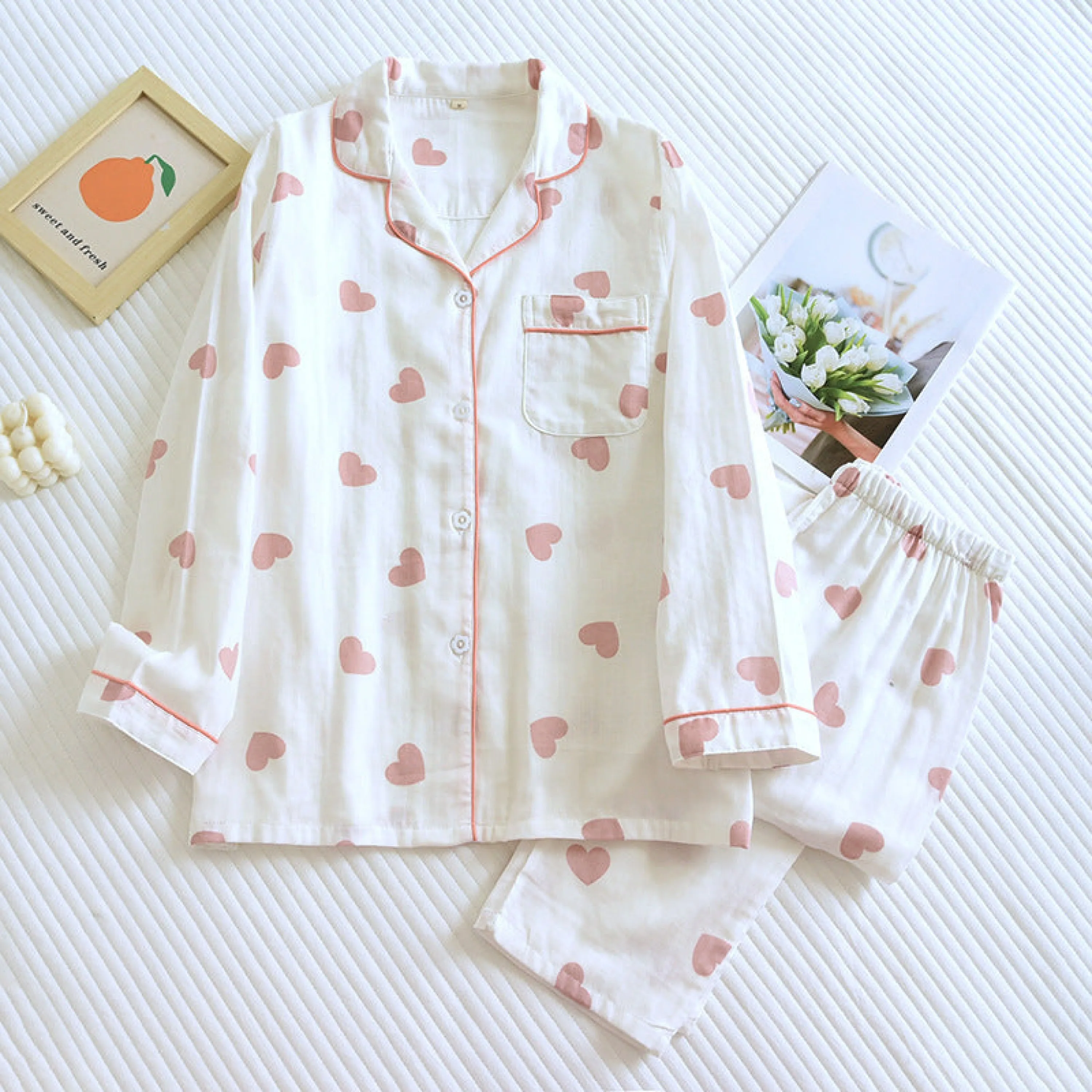 Sweet Heart Long Sleeves and Pants Cotton Pajama Set / Pink