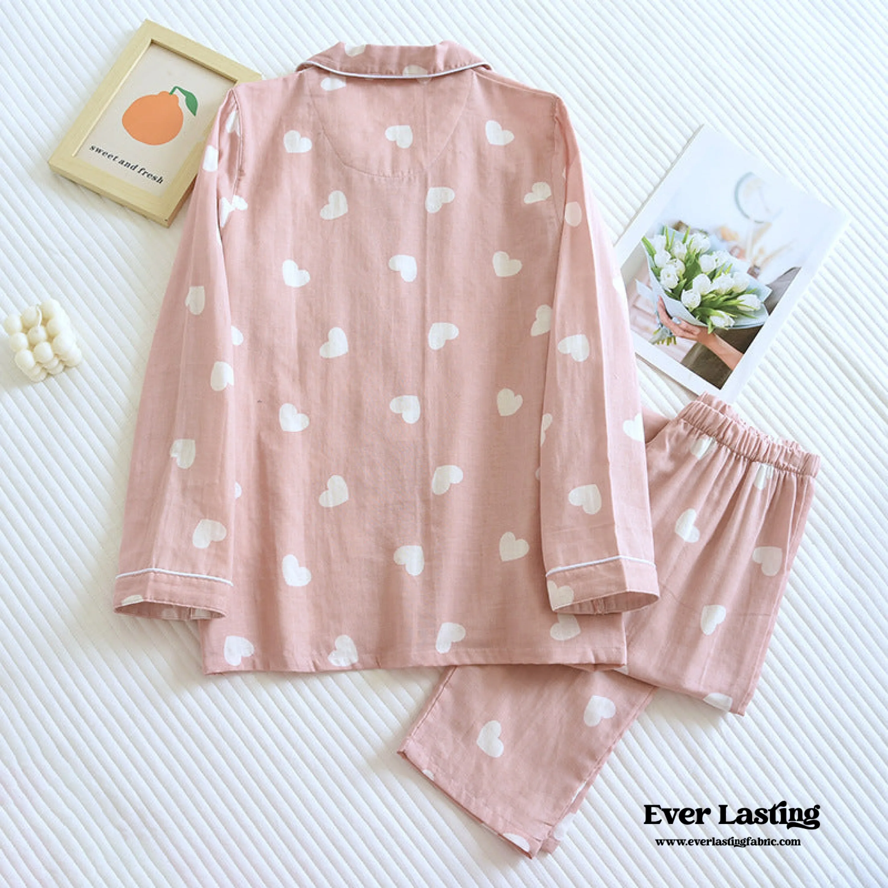 Sweet Heart Long Sleeves and Pants Cotton Pajama Set / White