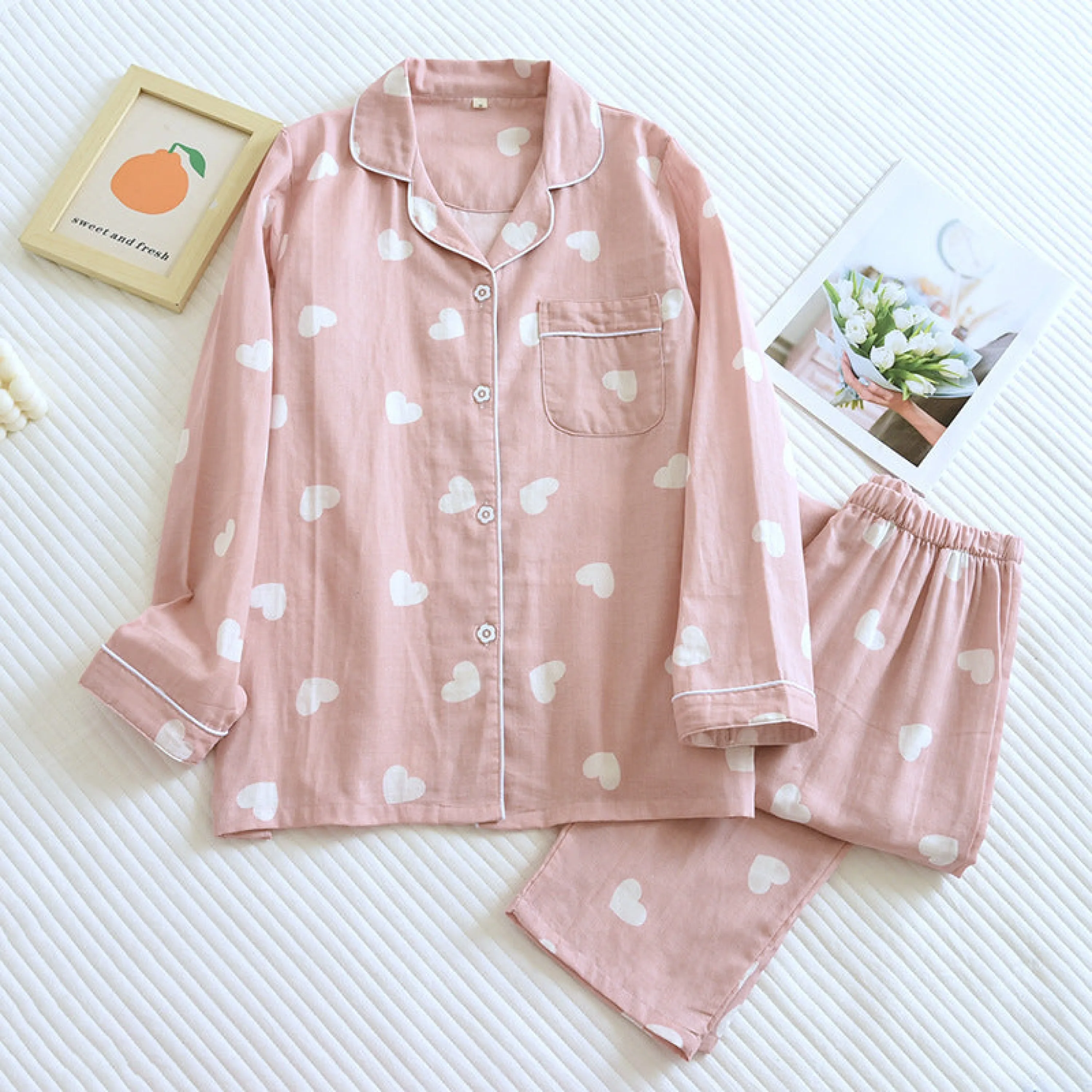 Sweet Heart Long Sleeves and Pants Cotton Pajama Set / White