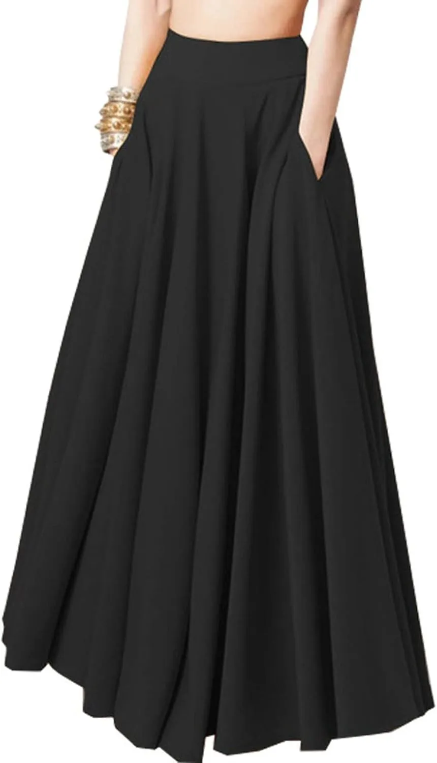 TANGNADE Long Maxi Skirts for Women Summer Flowy Beach Skirt with Pocket Boho Plus Size Casual Travel Vacation Skirt