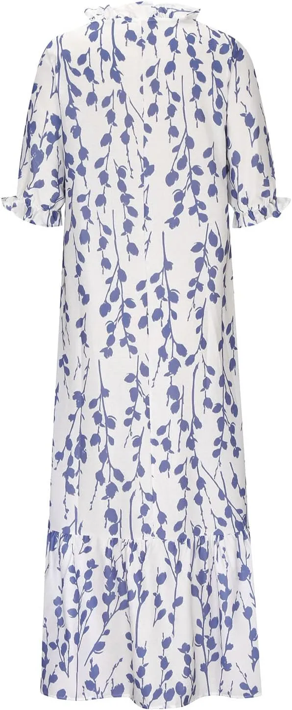 TANGNADE Women Boho Summer Maxi Dress Short Sleeve Tassel V Neck Ruffle Floral Printed Flowy A-Line Beach Travel Dresses