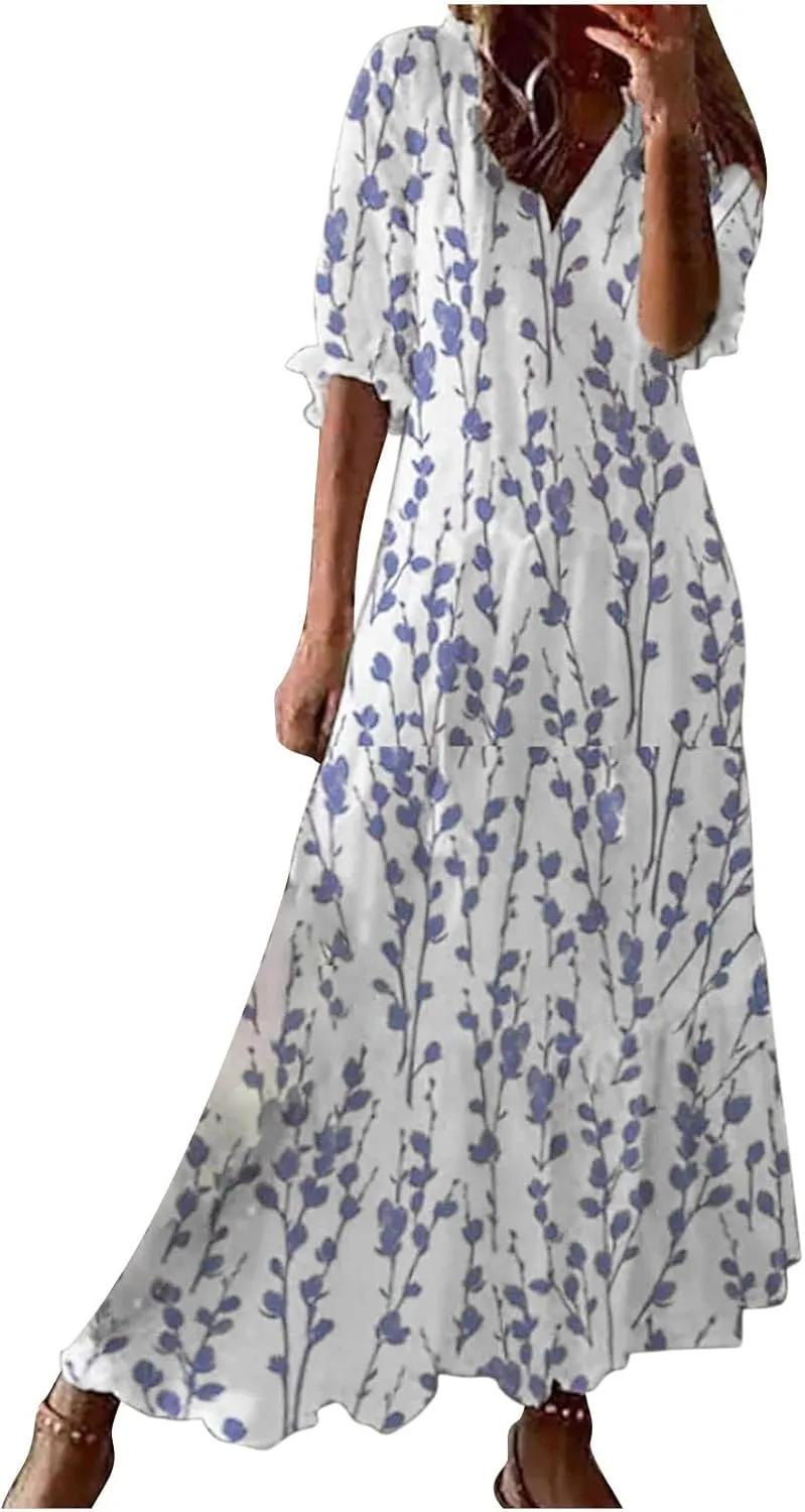 TANGNADE Women Boho Summer Maxi Dress Short Sleeve Tassel V Neck Ruffle Floral Printed Flowy A-Line Beach Travel Dresses