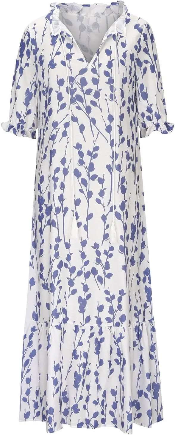 TANGNADE Women Boho Summer Maxi Dress Short Sleeve Tassel V Neck Ruffle Floral Printed Flowy A-Line Beach Travel Dresses