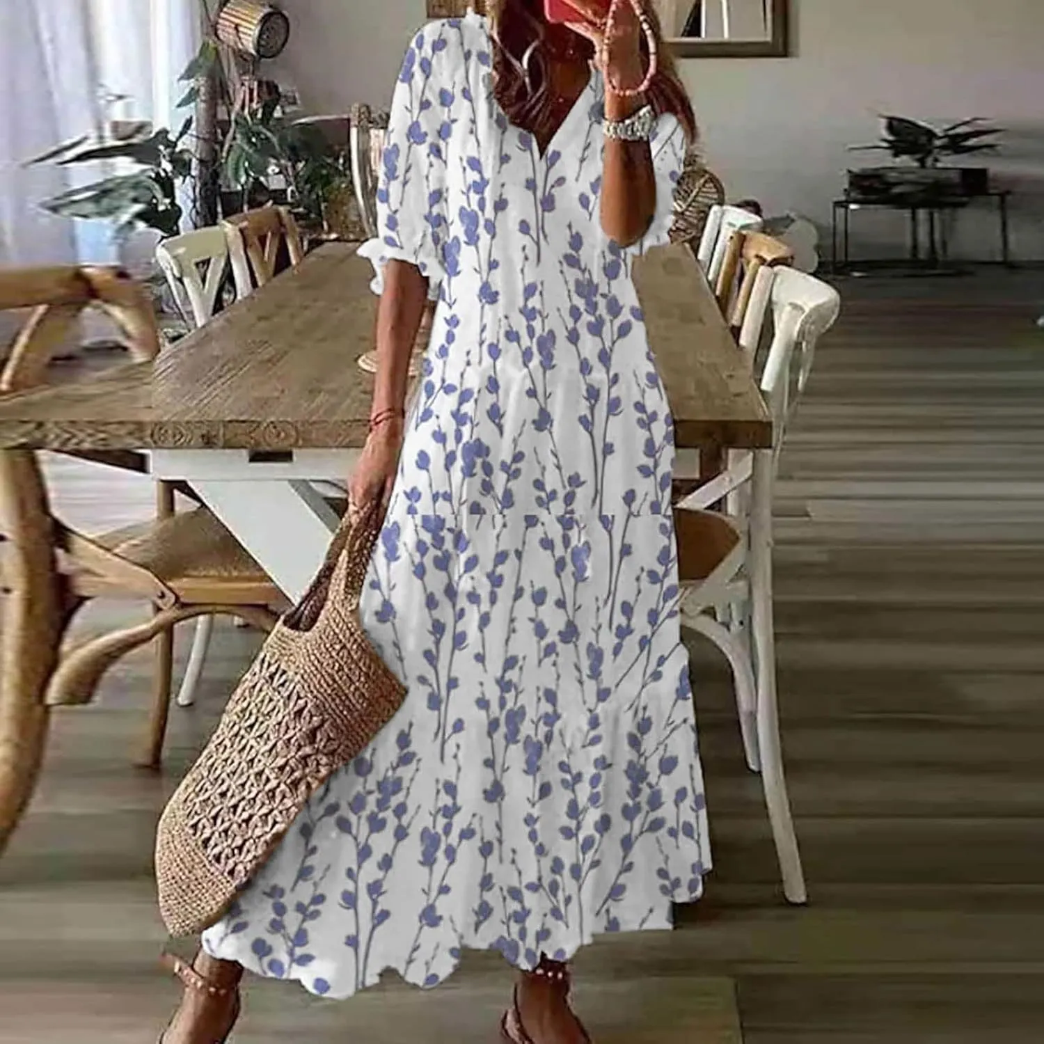 TANGNADE Women Boho Summer Maxi Dress Short Sleeve Tassel V Neck Ruffle Floral Printed Flowy A-Line Beach Travel Dresses