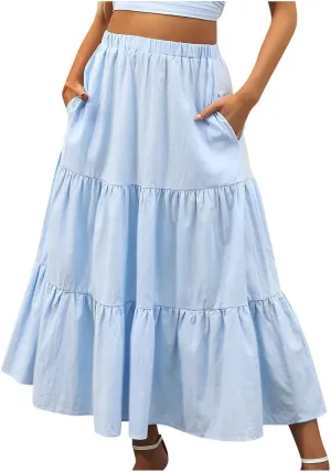 TANGNADE Women's Skirts Knee Length High Waisted Vacation Skirts for Women Summer Trendy Flowy Travel Boho Skirt with Pocket