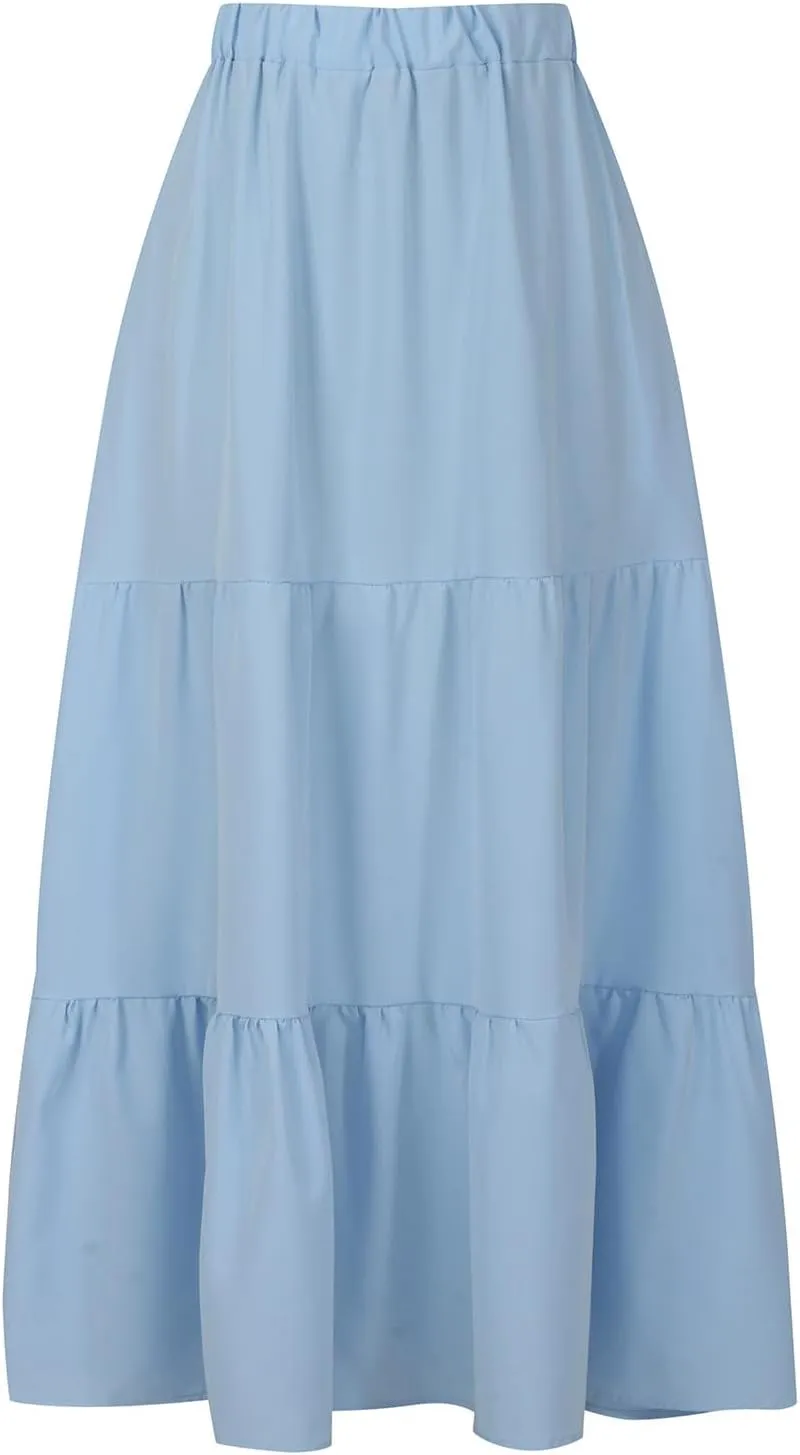 TANGNADE Women's Skirts Knee Length High Waisted Vacation Skirts for Women Summer Trendy Flowy Travel Boho Skirt with Pocket