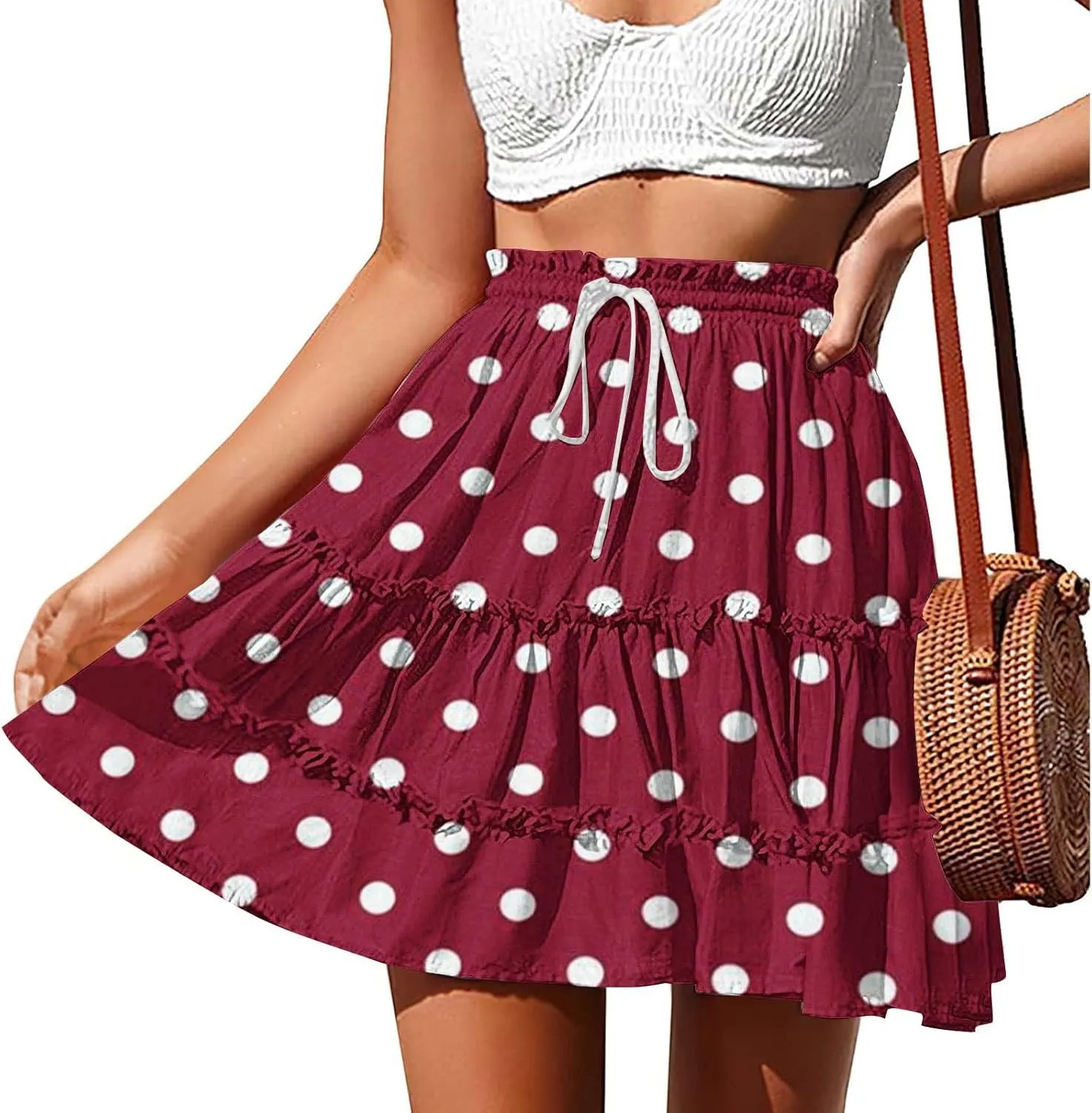 TANGNADE Women's Summer Floral High Waist Ruffle Short Mini Skirts Drawstring Tie Polka Dots Skirt Flowy Beach Skorts