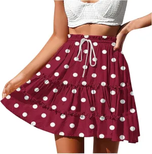 TANGNADE Women's Summer Floral High Waist Ruffle Short Mini Skirts Drawstring Tie Polka Dots Skirt Flowy Beach Skorts