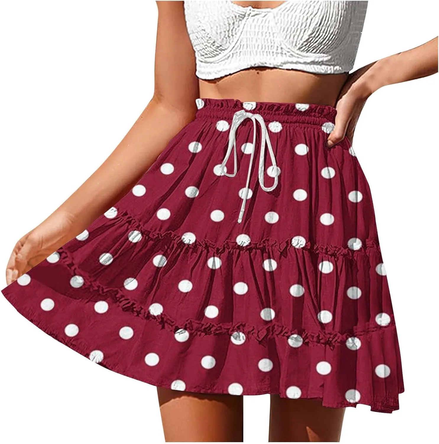 TANGNADE Women's Summer Floral High Waist Ruffle Short Mini Skirts Drawstring Tie Polka Dots Skirt Flowy Beach Skorts