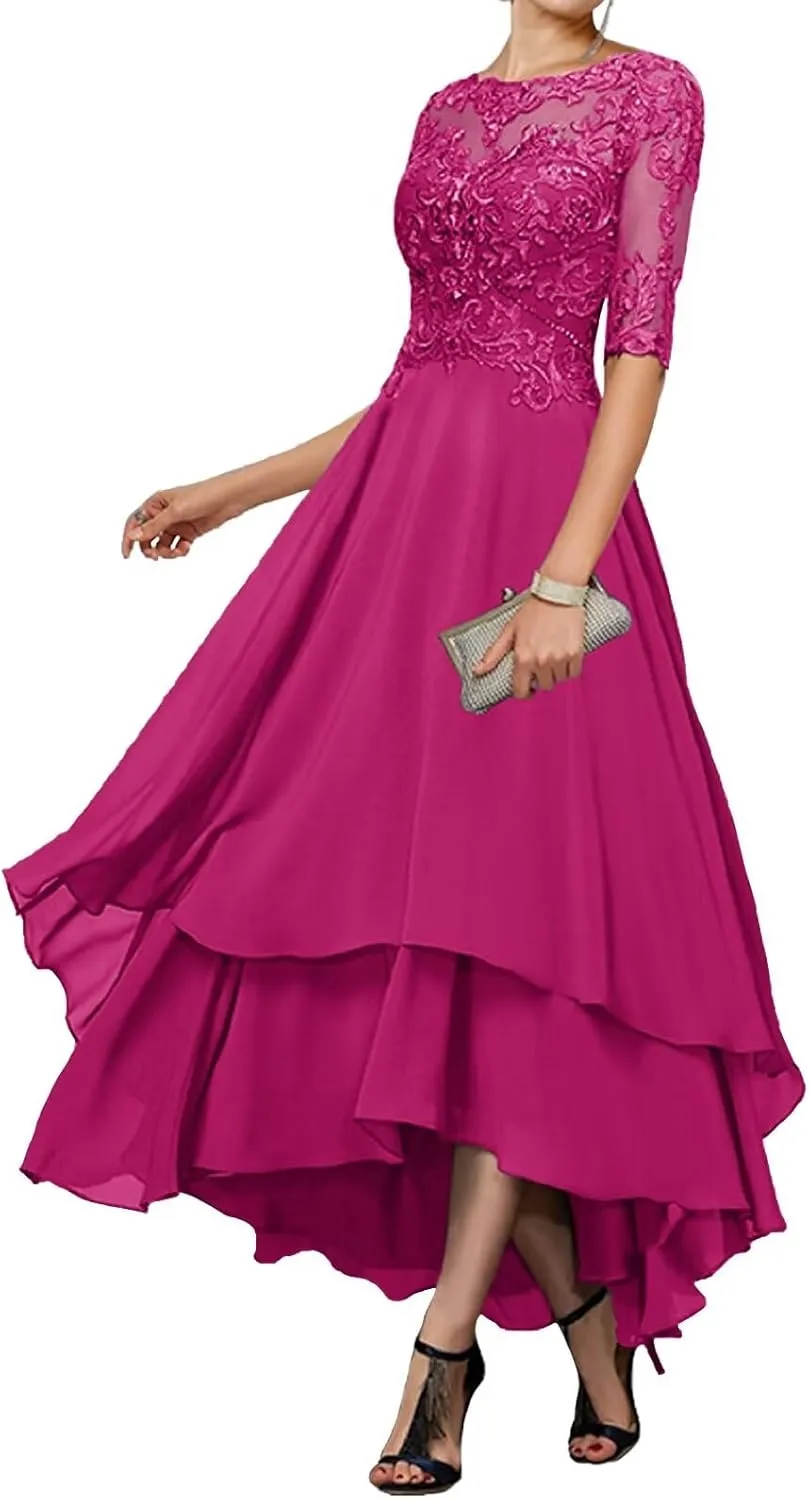 Tea Length Mother of The Bride Dresses for Wedding 1/2 Sleeves Ruffle Sparkly Lace Formal Dress for Women 2024