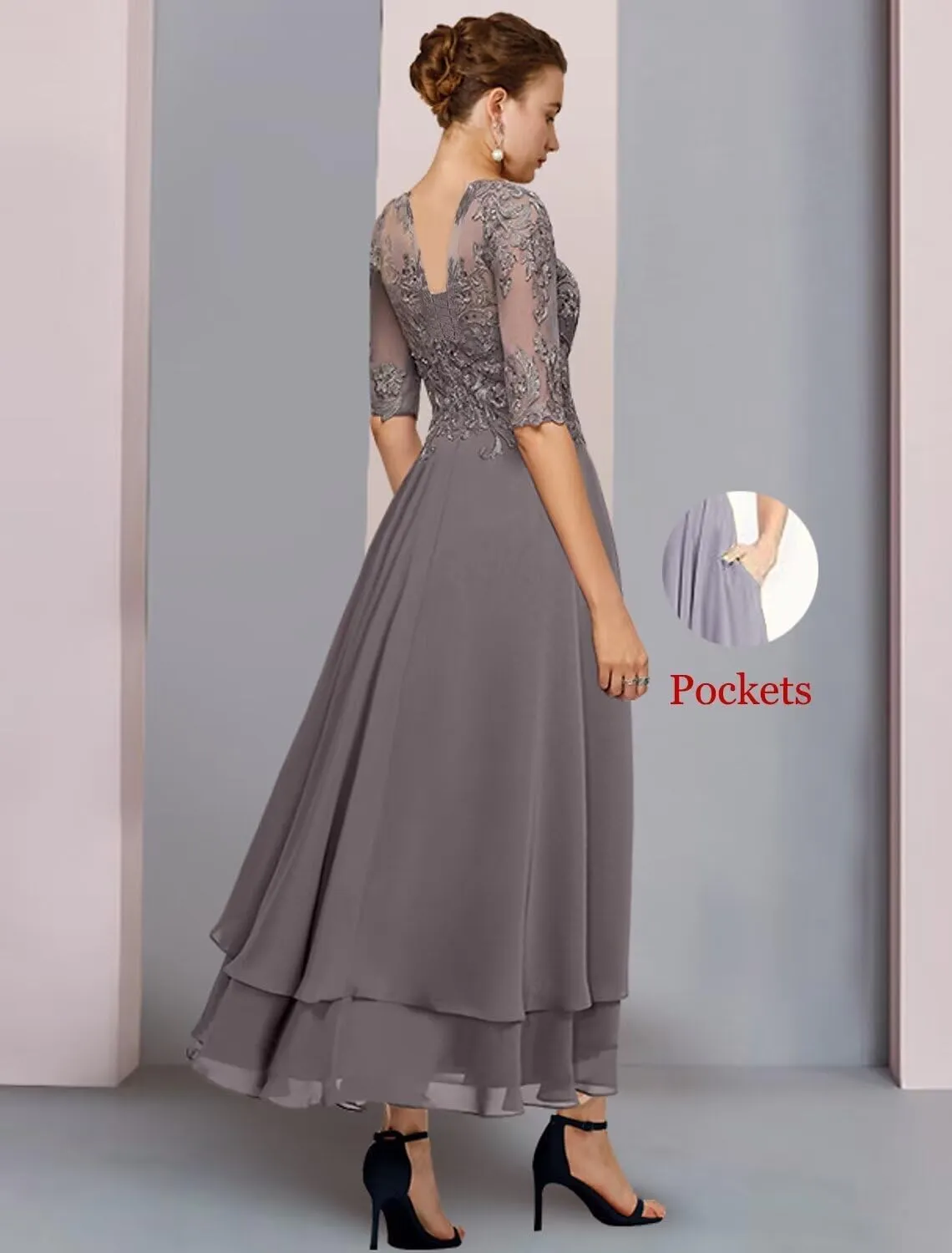 Tea Length Mother of The Bride Dresses for Wedding 1/2 Sleeves Ruffle Sparkly Lace Formal Dress for Women 2024
