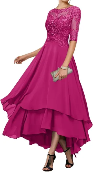 Tea Length Mother of The Bride Dresses for Wedding 1/2 Sleeves Ruffle Sparkly Lace Formal Dress for Women 2024