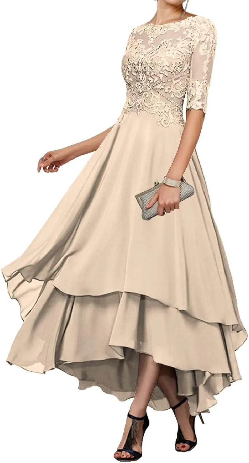 Tea Length Mother of The Bride Dresses for Wedding 1/2 Sleeves Ruffle Sparkly Lace Formal Dress for Women 2024