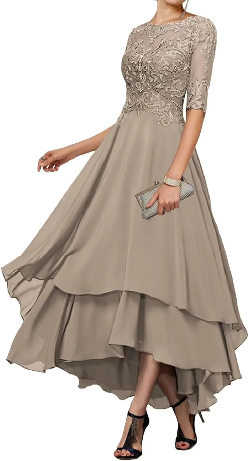 Tea Length Mother of The Bride Dresses for Wedding 1/2 Sleeves Ruffle Sparkly Lace Formal Dress for Women 2024