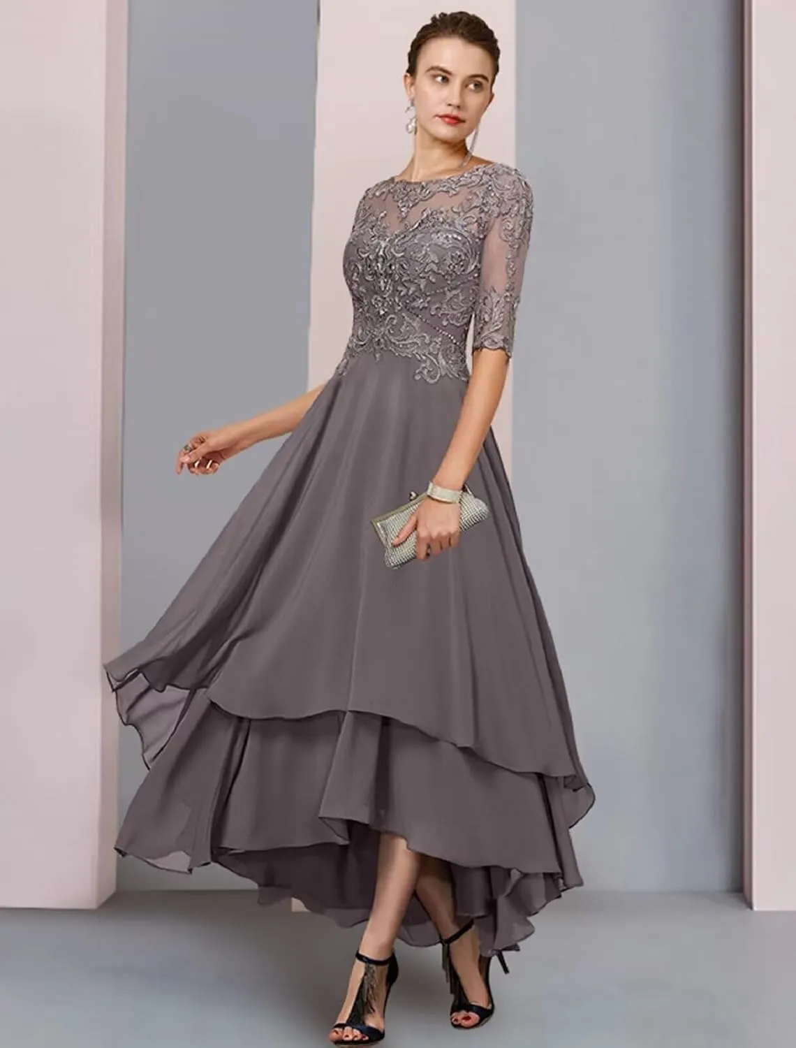 Tea Length Mother of The Bride Dresses for Wedding 1/2 Sleeves Ruffle Sparkly Lace Formal Dress for Women 2024