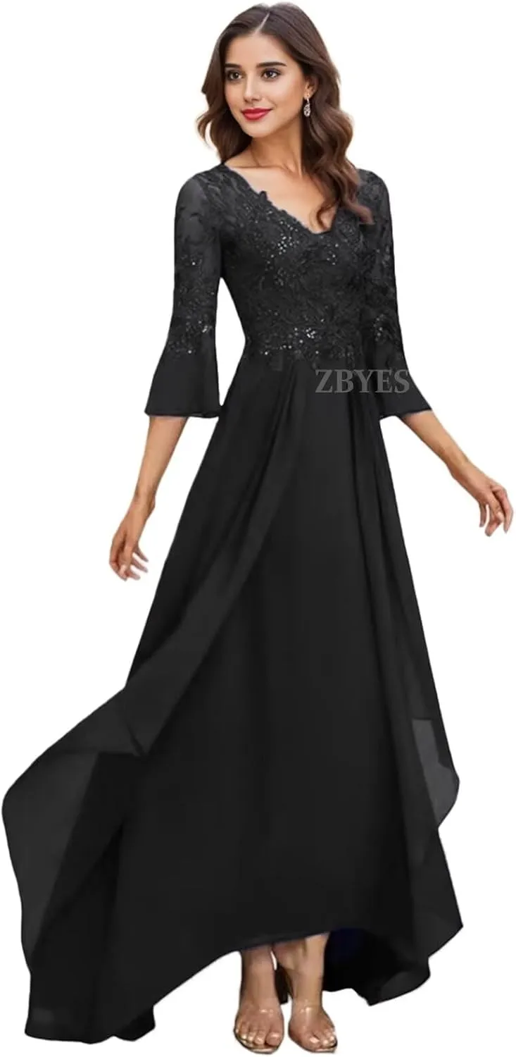 Tea Length Mother of The Bride Dresses for Wedding Floral Applique Chiffon Ruffle 3/4 Sleeve Formal Dresses for Women