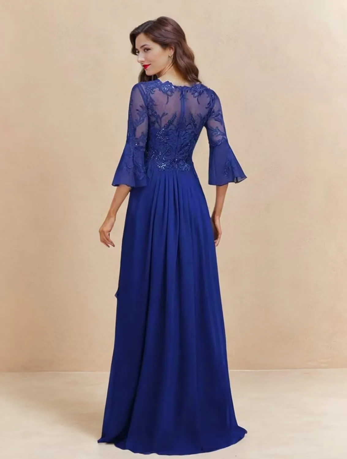 Tea Length Mother of The Bride Dresses for Wedding Floral Applique Chiffon Ruffle 3/4 Sleeve Formal Dresses for Women