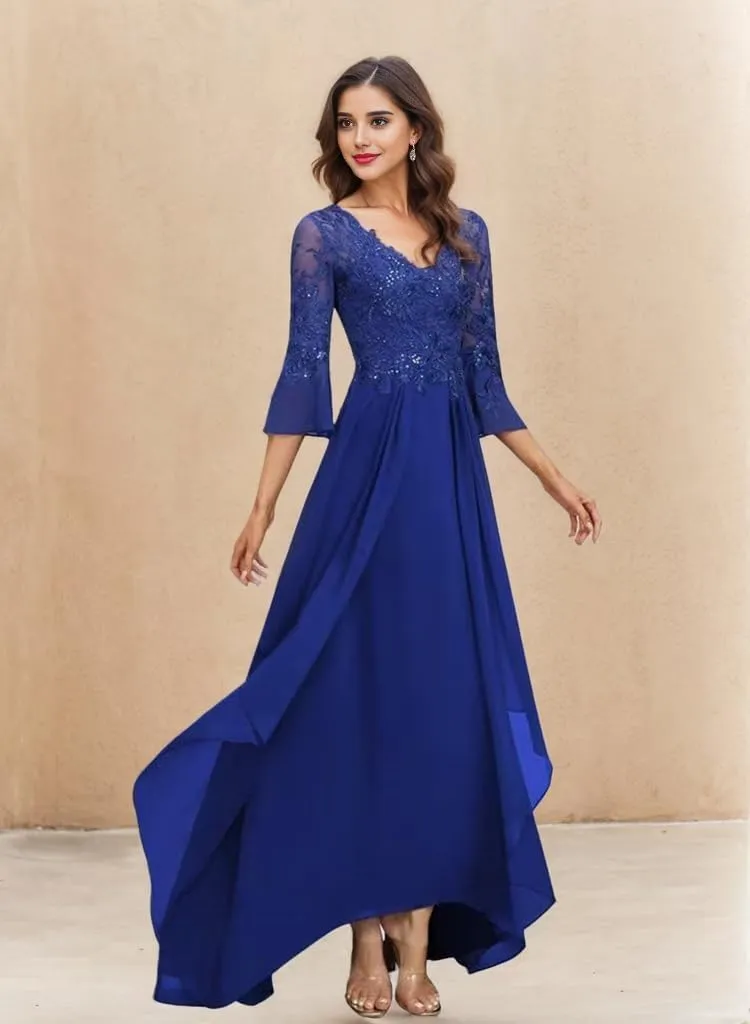 Tea Length Mother of The Bride Dresses for Wedding Floral Applique Chiffon Ruffle 3/4 Sleeve Formal Dresses for Women