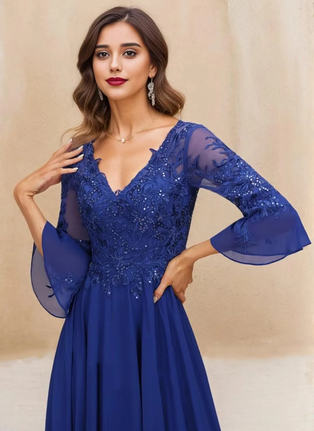 Tea Length Mother of The Bride Dresses for Wedding Floral Applique Chiffon Ruffle 3/4 Sleeve Formal Dresses for Women