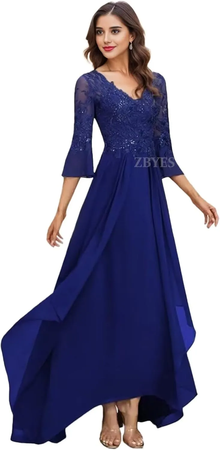 Tea Length Mother of The Bride Dresses for Wedding Floral Applique Chiffon Ruffle 3/4 Sleeve Formal Dresses for Women