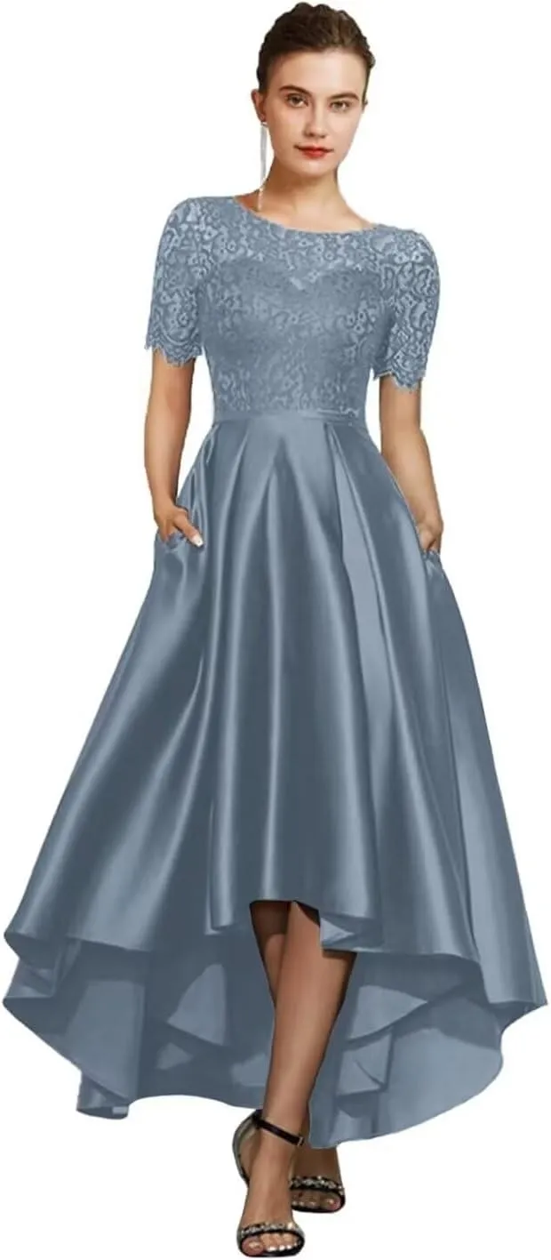 Tea Length Mother of The Bride Dresses for Wedding Lace Short Sleeves Satin Hi-Lo Formal Evening Gowns with Pocket