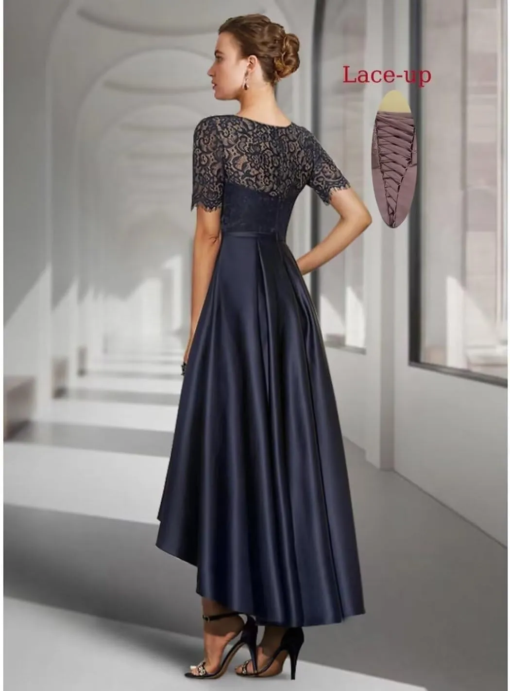 Tea Length Mother of The Bride Dresses for Wedding Lace Short Sleeves Satin Hi-Lo Formal Evening Gowns with Pocket