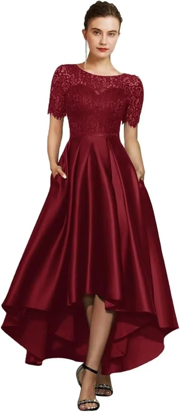 Tea Length Mother of The Bride Dresses for Wedding Lace Short Sleeves Satin Hi-Lo Formal Evening Gowns with Pocket