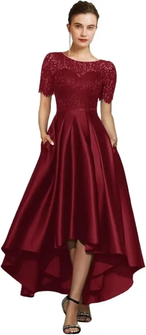 Tea Length Mother of The Bride Dresses for Wedding Lace Short Sleeves Satin Hi-Lo Formal Evening Gowns with Pocket