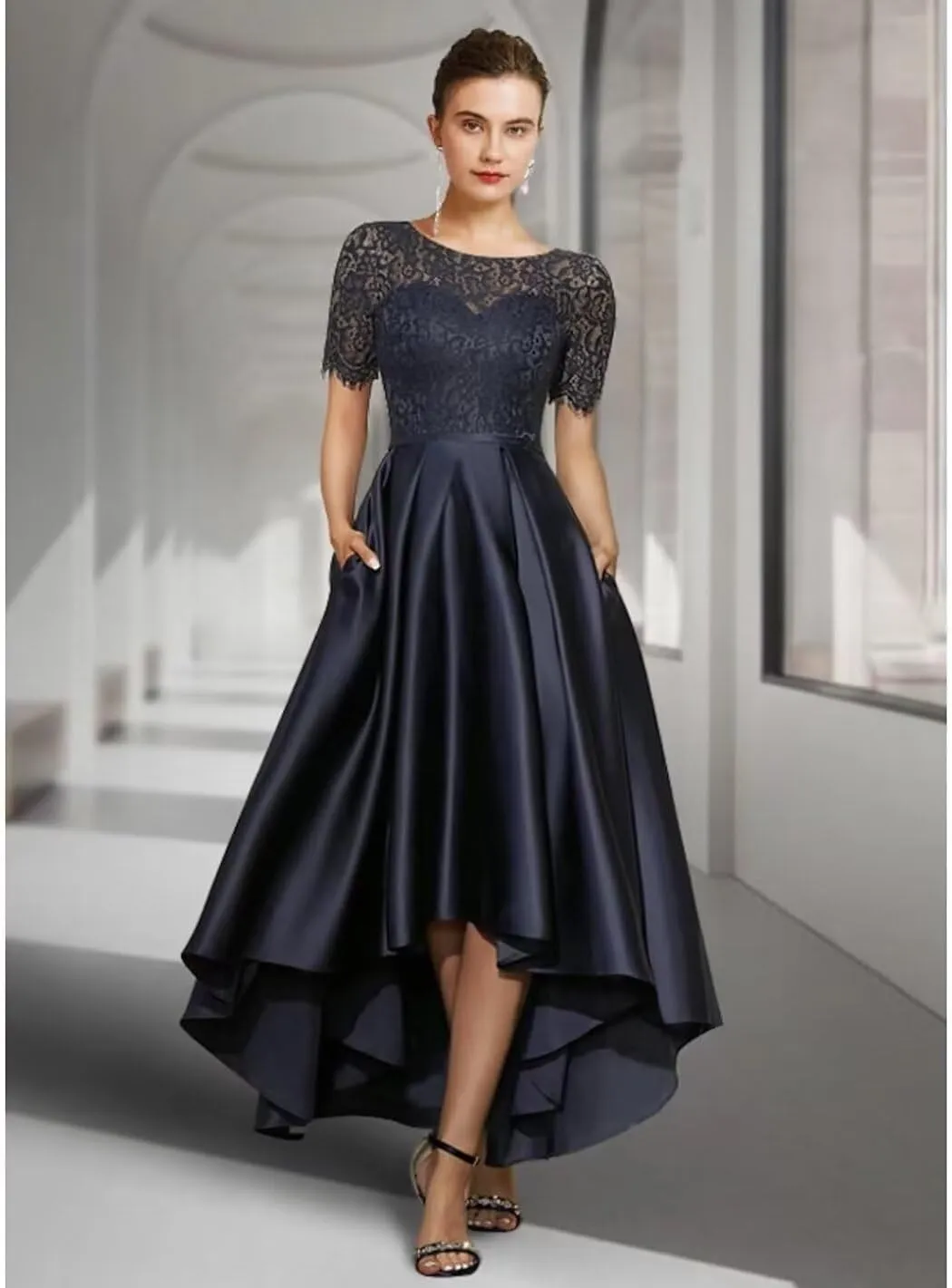 Tea Length Mother of The Bride Dresses for Wedding Lace Short Sleeves Satin Hi-Lo Formal Evening Gowns with Pocket