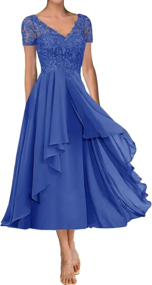 Tea Length Mother of The Bride Dresses for Wedding Lace Wedding Guest Groom Dresses Applique V Neck Ruffle Short Sleeve