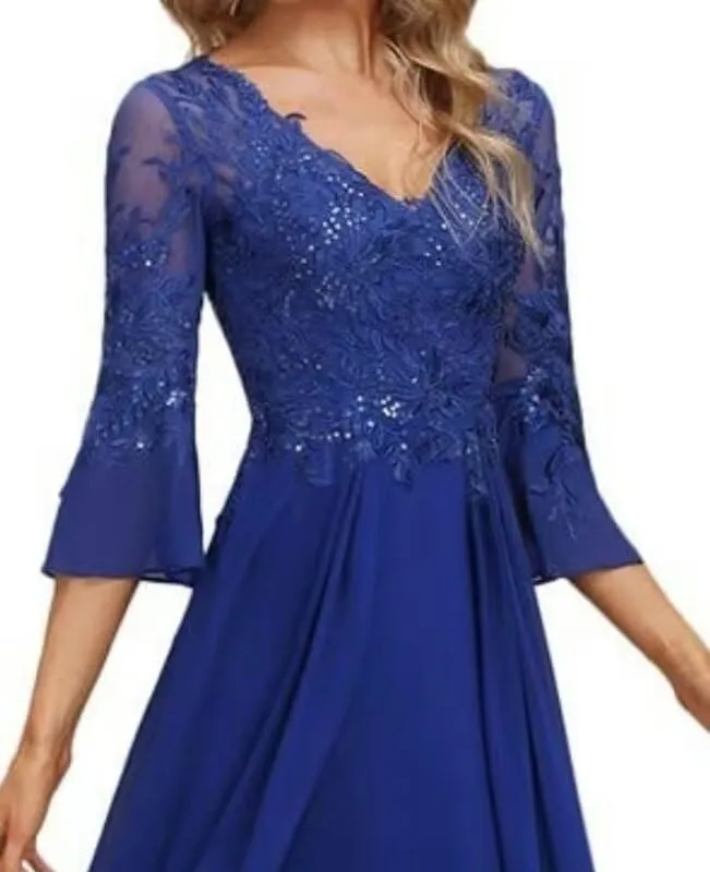 Tea Length Mother of The Bride Dresses for Wedding Long Sleeve V Neck Lace Chiffon Formal Evening Gowns