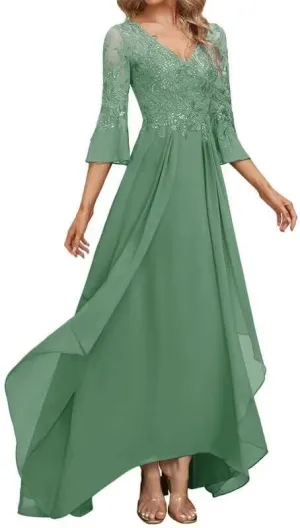Tea Length Mother of The Bride Dresses for Wedding Long Sleeve V Neck Lace Chiffon Formal Evening Gowns