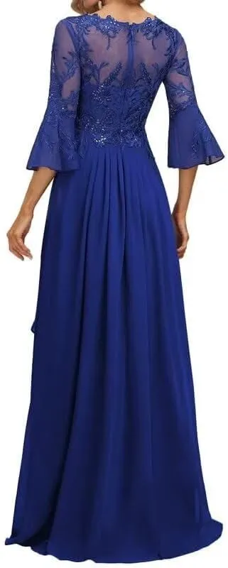 Tea Length Mother of The Bride Dresses for Wedding Long Sleeve V Neck Lace Chiffon Formal Evening Gowns