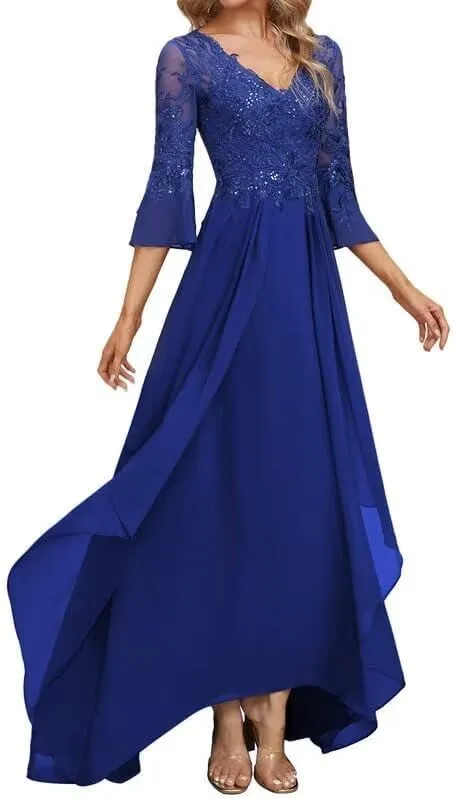 Tea Length Mother of The Bride Dresses for Wedding Long Sleeve V Neck Lace Chiffon Formal Evening Gowns