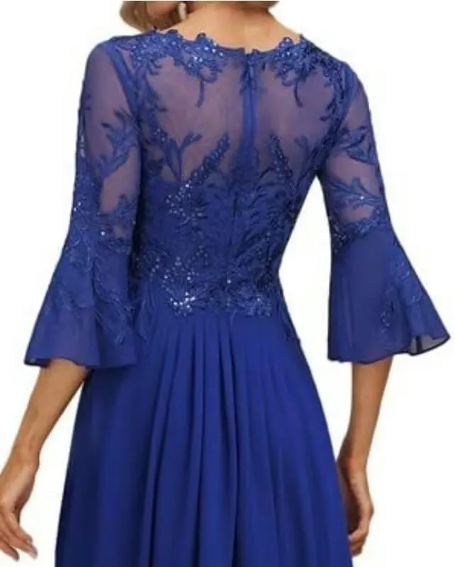 Tea Length Mother of The Bride Dresses for Wedding Long Sleeve V Neck Lace Chiffon Formal Evening Gowns