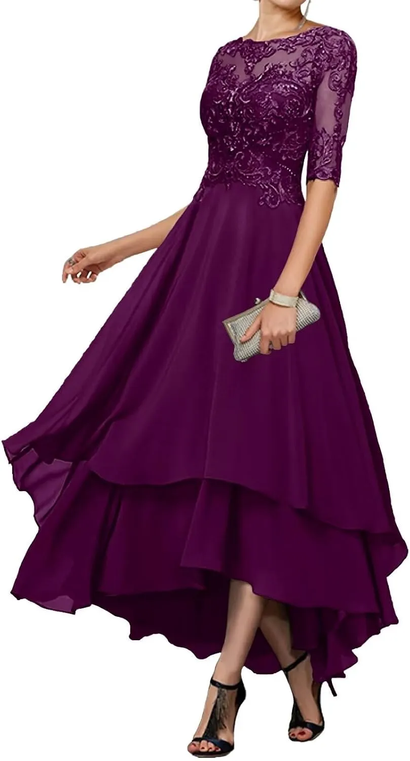 Tea Length Mother of The Bride Dresses for Wedding Tiered Chiffon 1/2 Sleeve Evening Formal Gown