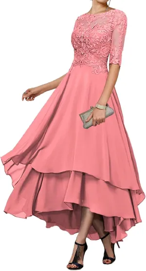 Tea Length Mother of The Bride Dresses for Wedding Tiered Chiffon 1/2 Sleeve Evening Formal Gown