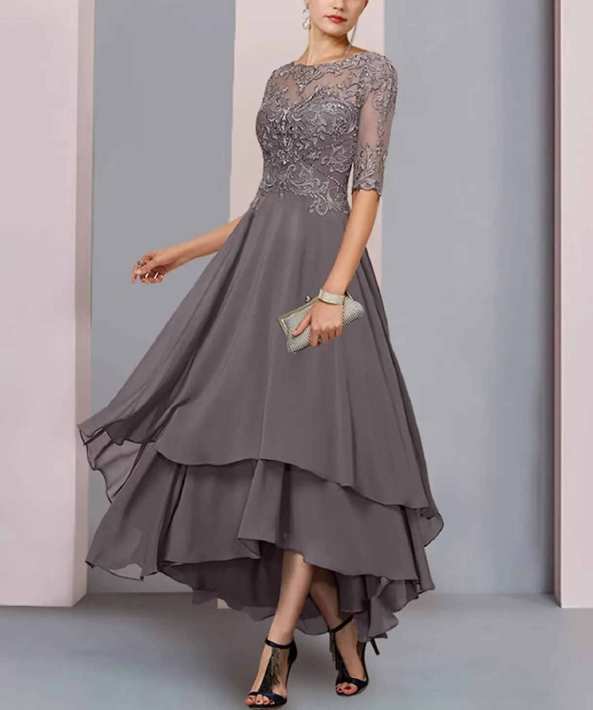 Tea Length Mother of The Bride Dresses for Wedding Tiered Chiffon 1/2 Sleeve Evening Formal Gown